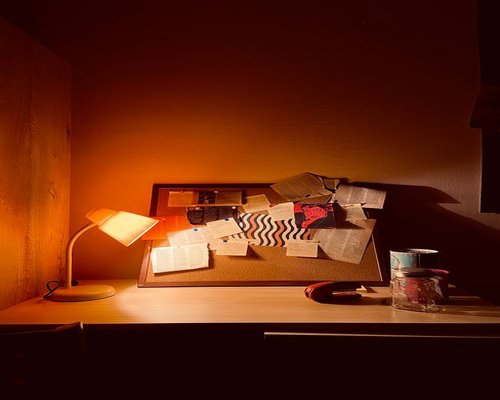 Work desk illuminated gently with soft evening light